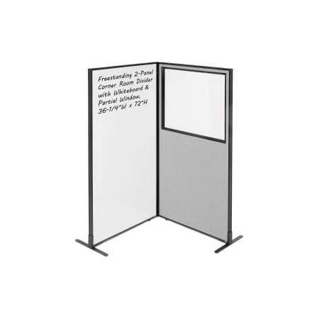 Global Equipment Interion    2-Panel Corner Room Divider with Whiteboard   Partial Window, 36-1/4"W x 72"H, Gray 695176GY